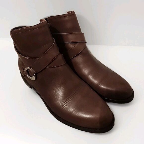 Ralph Lauren Hermione Leather Boots Womens Size 7 Brown Ankle Zip Buckle - Picture 1 of 8